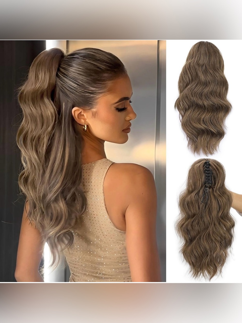 Claw Clip Ponytail  Wavy 16” Hair Extension Hairpiece Med Brown W/Highlights